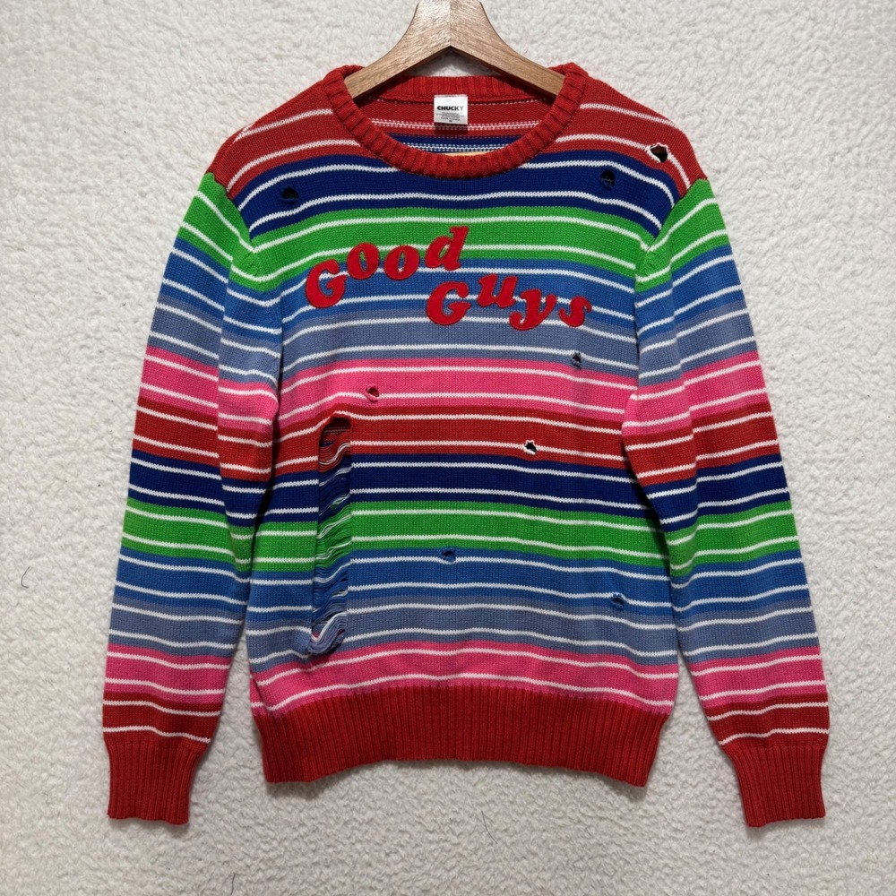 Chucky Franchise‎ "Good Guys" Striped Distressed Sweater Size M Hit Movie Horror